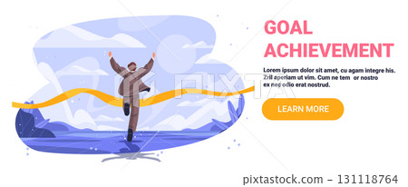 Goal achievement business success concept man crossing finish line arms raised celebrating victory abstract landscape website banner Goal achievement business success concept man crossing finish line arms raised celebrating victory abstract landscape website banner 131118764