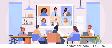 Business team video conference meeting remote collaboration office people at table laptops virtual screen diverse group modern workspace flat design 131118768