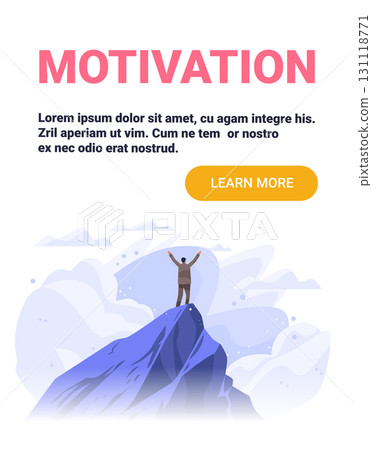 Motivation success achievement man standing mountain peak arms raised abstract blue landscape website banner 131118771