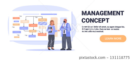 Management concept teamwork business discussion flowchart planning two colleagues talking in office with organizational chart on screen modern workspace 131118775