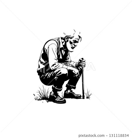 Black and white illustration of a contemplative senior man squatting with a cane Black and white illustration of a contemplative senior man squatting with a cane 131118834