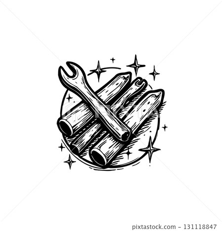 Vintage Style Illustration of a Wrench and Pipes surrounded by Stars on a White Background 131118847