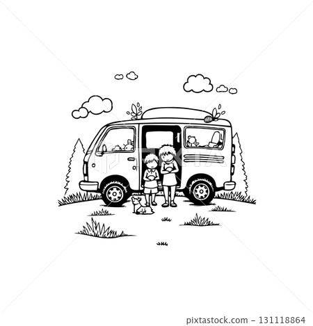 Black and white line art illustration of a vintage camper van with family enjoying nature 131118864