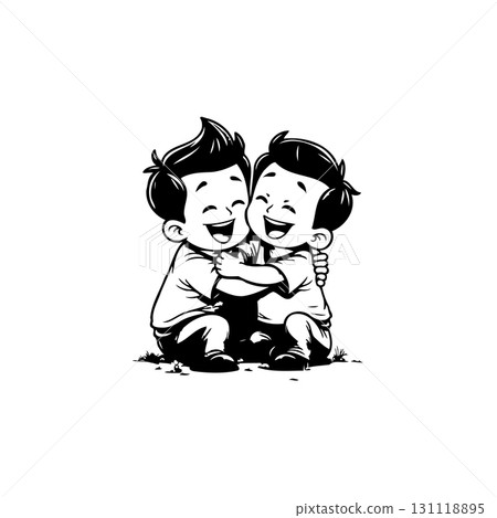 Adorable illustration of two happy boys embracing each other in black and white Adorable illustration of two happy boys embracing each other in black and white 131118895