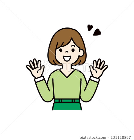 在向量圖上，一位 20 多歲或 30 多歲的女人張開雙臂，上身色彩鮮豔，欣喜若狂 131118897
