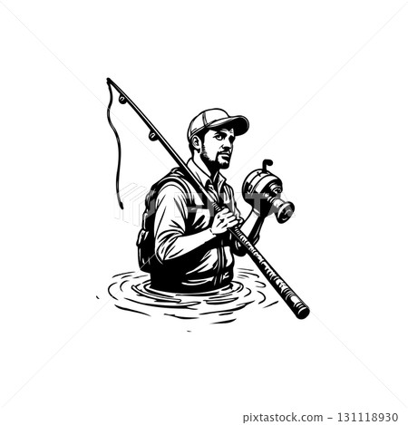 A skilled fisherman wading through the water, expertly holding his rod and reel 131118930