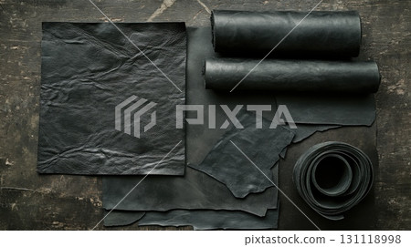 Raw black leather material for crafting and handmade work 131118998