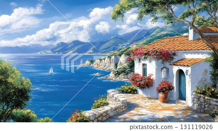 Scenic coastal view with white house, flowers and sailboat on blue sea 131119026