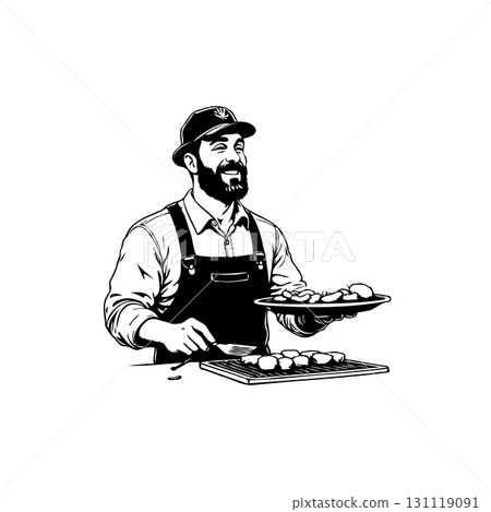 Illustration of a bearded chef grilling food with passion and a confident smile 131119091