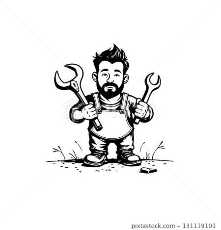 Cartoon mechanic with wrenches illustration showcasing service and professionalism Cartoon mechanic with wrenches illustration showcasing service and professionalism 131119101