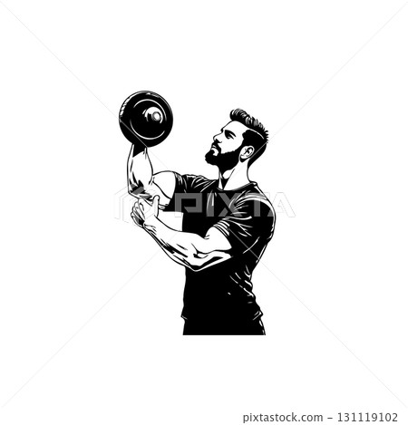 Strong man lifting dumbbell in black and white vector illustration style 131119102