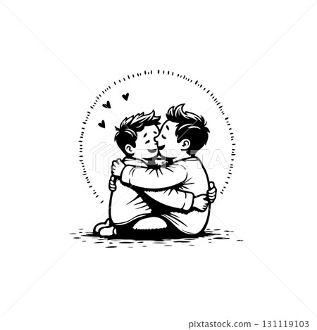 Heartwarming Embrace: Two Brothers Sharing a Tender Moment in Monochrome Illustration 131119103