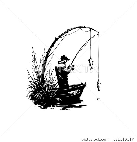 Monochrome Fishing Adventure: Silhouette of a Man in a Boat Catching Fish with Rod 131119117