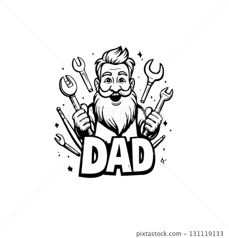Cartoon illustration featuring a father figure surrounded by tools, celebrating fatherhood 131119133