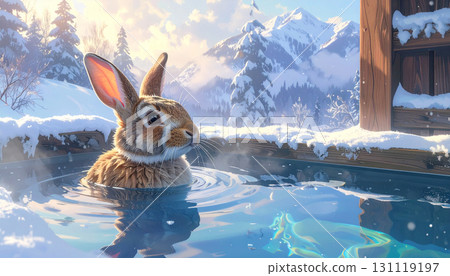 A rabbit bathing in a snow-viewing hot spring 131119197