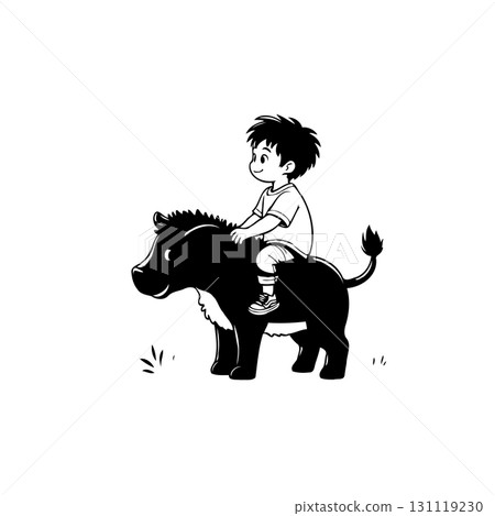 A young boy riding on a cartoon wild boar, illustration in black and white A young boy riding on a cartoon wild boar, illustration in black and white 131119230