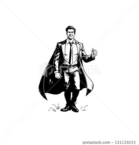 Empowered businessman superhero standing confident in a cloak with thumbs up gesture Empowered businessman superhero standing confident in a cloak with thumbs up gesture 131119253