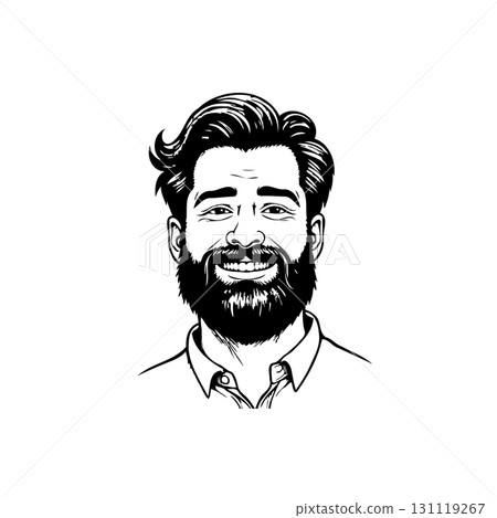 Stylish and Modern Black and White Portrait Illustration of a Bearded Man Smiling Stylish and Modern Black and White Portrait Illustration of a Bearded Man Smiling 131119267