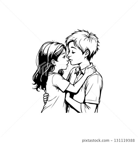 Charming monochrome illustration of a young couple embracing tenderly ready to kiss Charming monochrome illustration of a young couple embracing tenderly ready to kiss 131119388