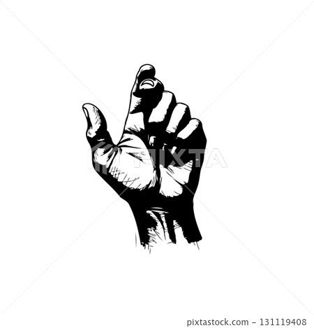 Stylized illustration of a hand gesture pointing upwards with strong shadows 131119408