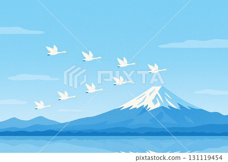 Swans, V formation, migratory birds, Mount Fuji, vector 131119454