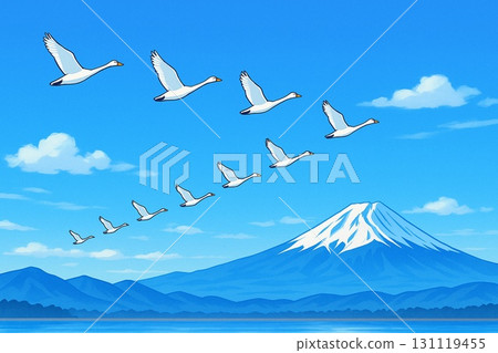 Swans, V-formation, Migratory birds, Mount Fuji, Anime style 131119455