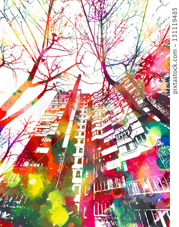 City colored background houses and trees. hand drawing. Not AI Vector illustration 131119485