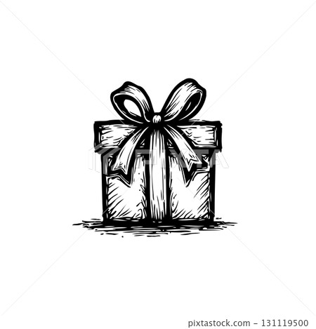 Hand-Drawn Gift Box Illustration: Elegant Present with Ribbon and Decorative Bow Isolated Hand-Drawn Gift Box Illustration: Elegant Present with Ribbon and Decorative Bow Isolated 131119500