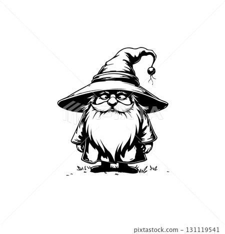 Charming Hand-Drawn Wizard Illustration: A whimsical depiction of a cute wizard in a hat 131119541