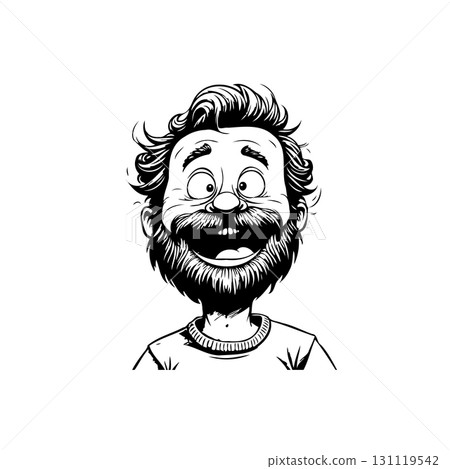Expressive cartoon character with beard and wide smile in black and white style Expressive cartoon character with beard and wide smile in black and white style 131119542