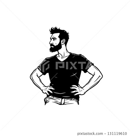 Stylized illustration of a man with a beard posing confidently with hands on hips 131119610