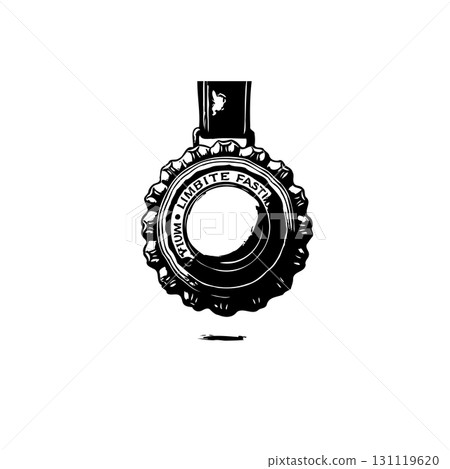 Vintage engraved style beer cap illustration with text detailing brand name design 131119620