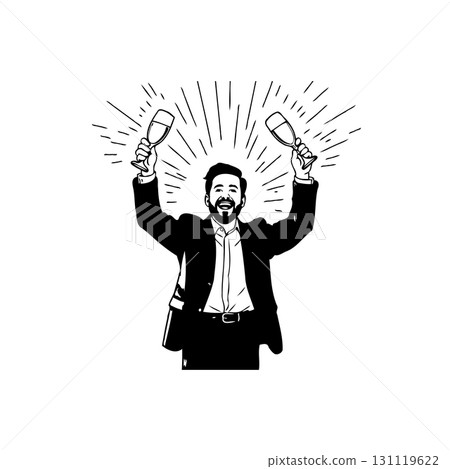 Celebrating Success: Illustrated Man Toasting with Champagne Flutes in Black and White Celebrating Success: Illustrated Man Toasting with Champagne Flutes in Black and White 131119622