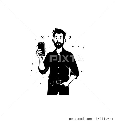 Charming bearded man capturing moments with his smartphone in expressive sketch Charming bearded man capturing moments with his smartphone in expressive sketch 131119623