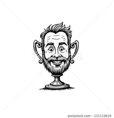 Whimsical trophy character illustration with a jovial bearded face design 131119629