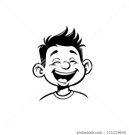 Cheerful Kid Portrait: Black and White Smiling Boy with Spiky Hair Illustration 131119630