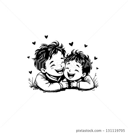 Two Adorable Cartoon Boys Smiling and Embracing Surrounded by Hearts, Expressing Love 131119705