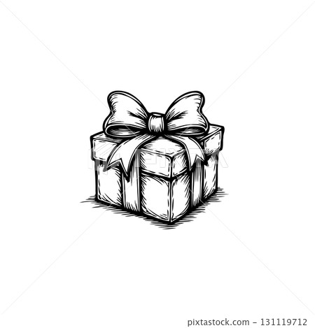 Hand-drawn gift box with ribbon, perfect for holiday, celebration, or present themes 131119712