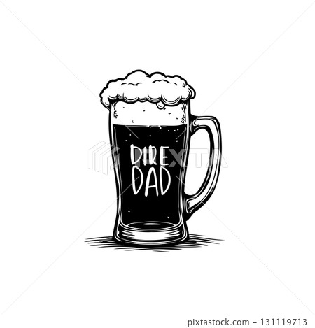 Humorous Beer Mug Illustration Celebrating Fatherhood with 'Dire Dad' Text, Black and White Humorous Beer Mug Illustration Celebrating Fatherhood with 'Dire Dad' Text, Black and White 131119713