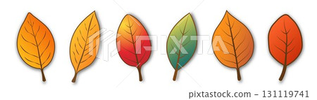 A set of six bright, simple autumn leaves of different colors and shapes with a shadow on a white background. 131119741