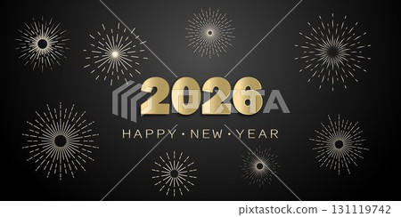 New Year's Eve background with golden inscription 2026, on a black background with abstract fireworks. 131119742