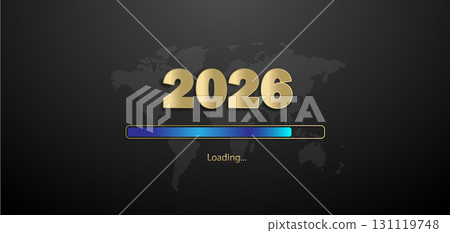 New Year's background with golden inscription 2026 and Download on a black background with the outline of the earth. 131119748