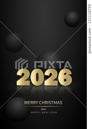 The golden figure of 2026 with an inscription on a dark background with balls. 131119750