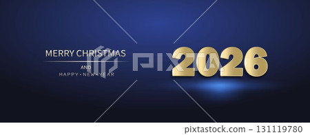 New Year's inscription Merry Christmas and New Year with golden numbers 2026 on a dark blue background. 131119780