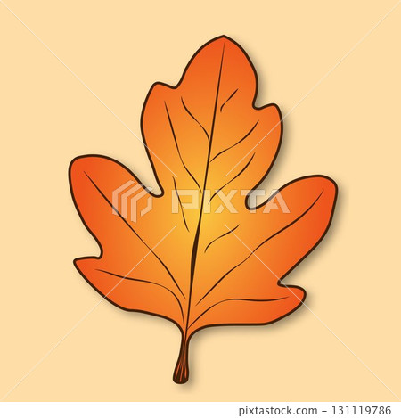 Orange-yellow, simple autumn leaf of a tree with a shadow on a beige background. 131119786
