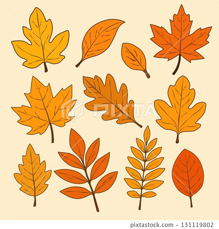 A set of autumn leaves of different shapes on a beige background. 131119802
