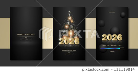 A set of holiday flyers, greeting cards, invitations on a dark background. 131119814