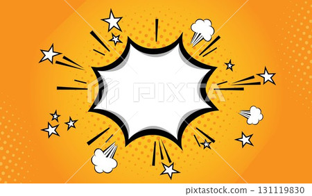 A cartoon comic book template with an explosive speech bubble and a semitone on an orange background. A cartoon comic book template with an explosive speech bubble and a semitone on an orange background. 131119830