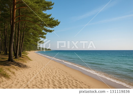 Pine forest, sandy beach, sea, photorealistic 131119836