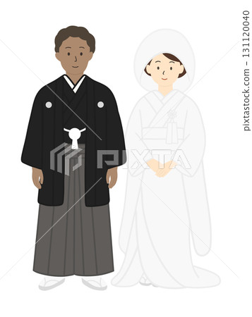 身穿日本傳統婚禮服飾的新郎和新娘插圖 - 國際婚姻 131120040